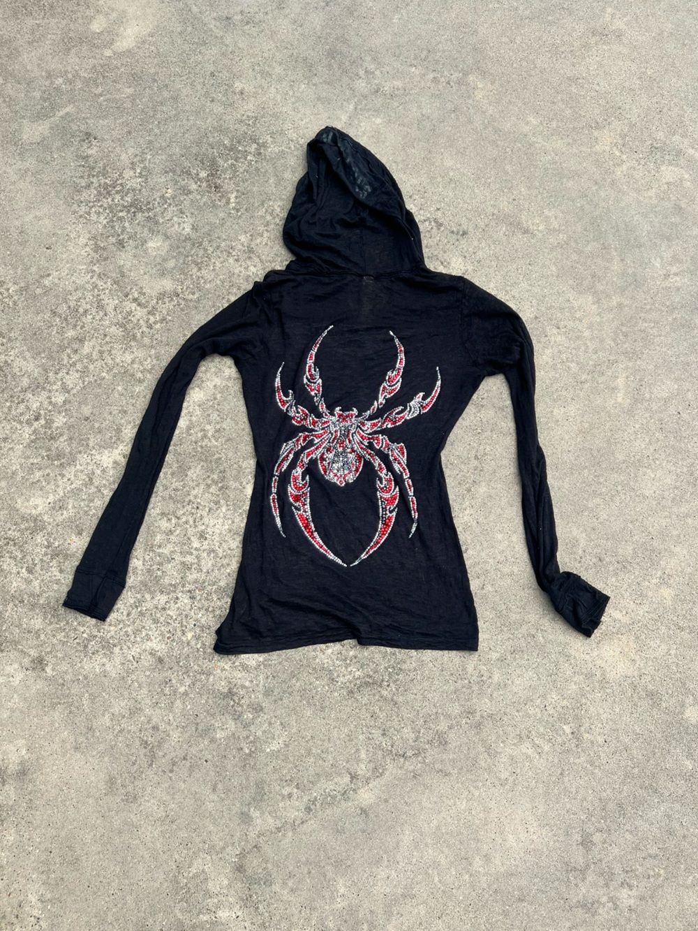 Kavio Black Hooded Long-Sleeve Top with Red Spider Graphic
